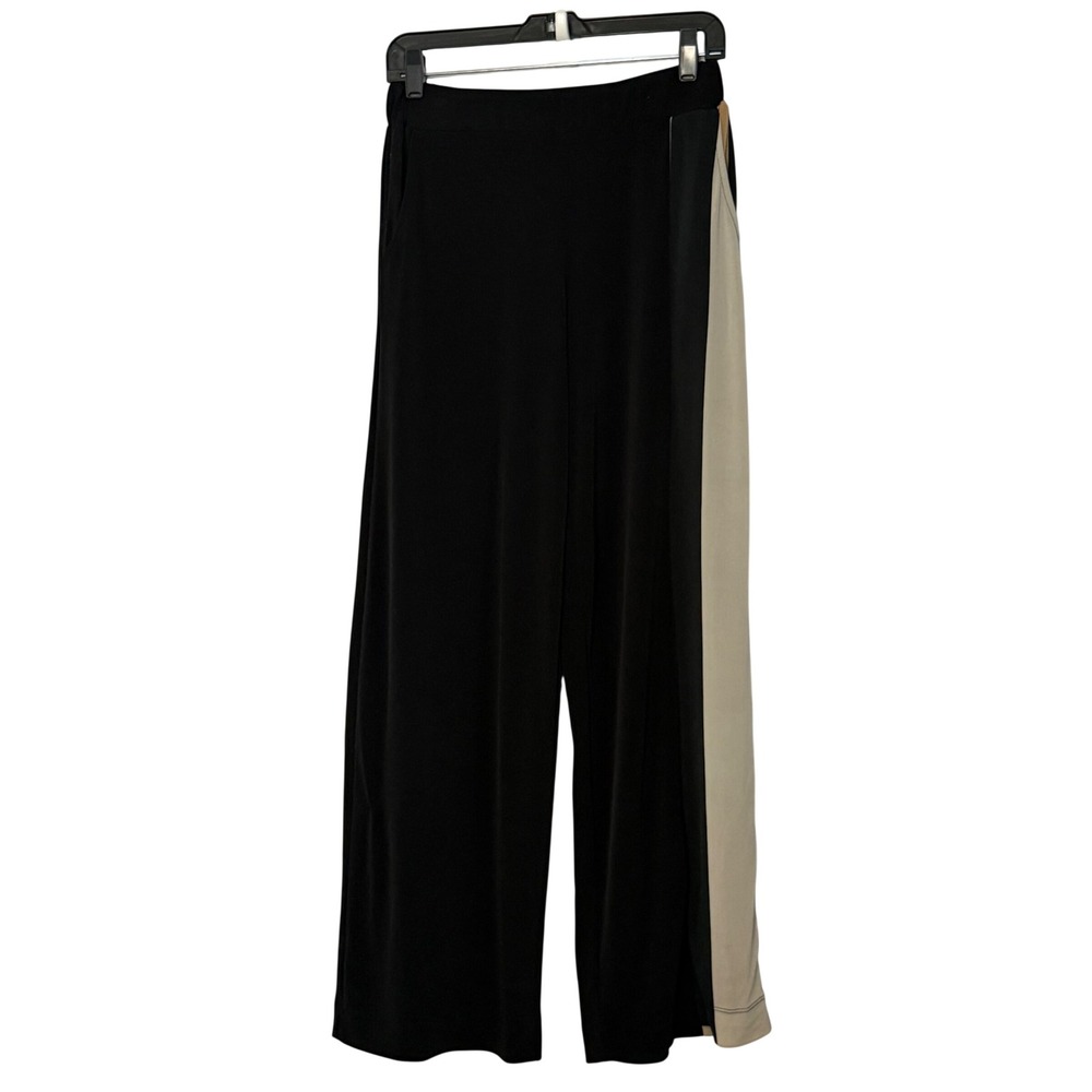 Alembika Silky Wide Leg Colorblock Side Stripe Trousers Black Tan Pants - 2 / 8